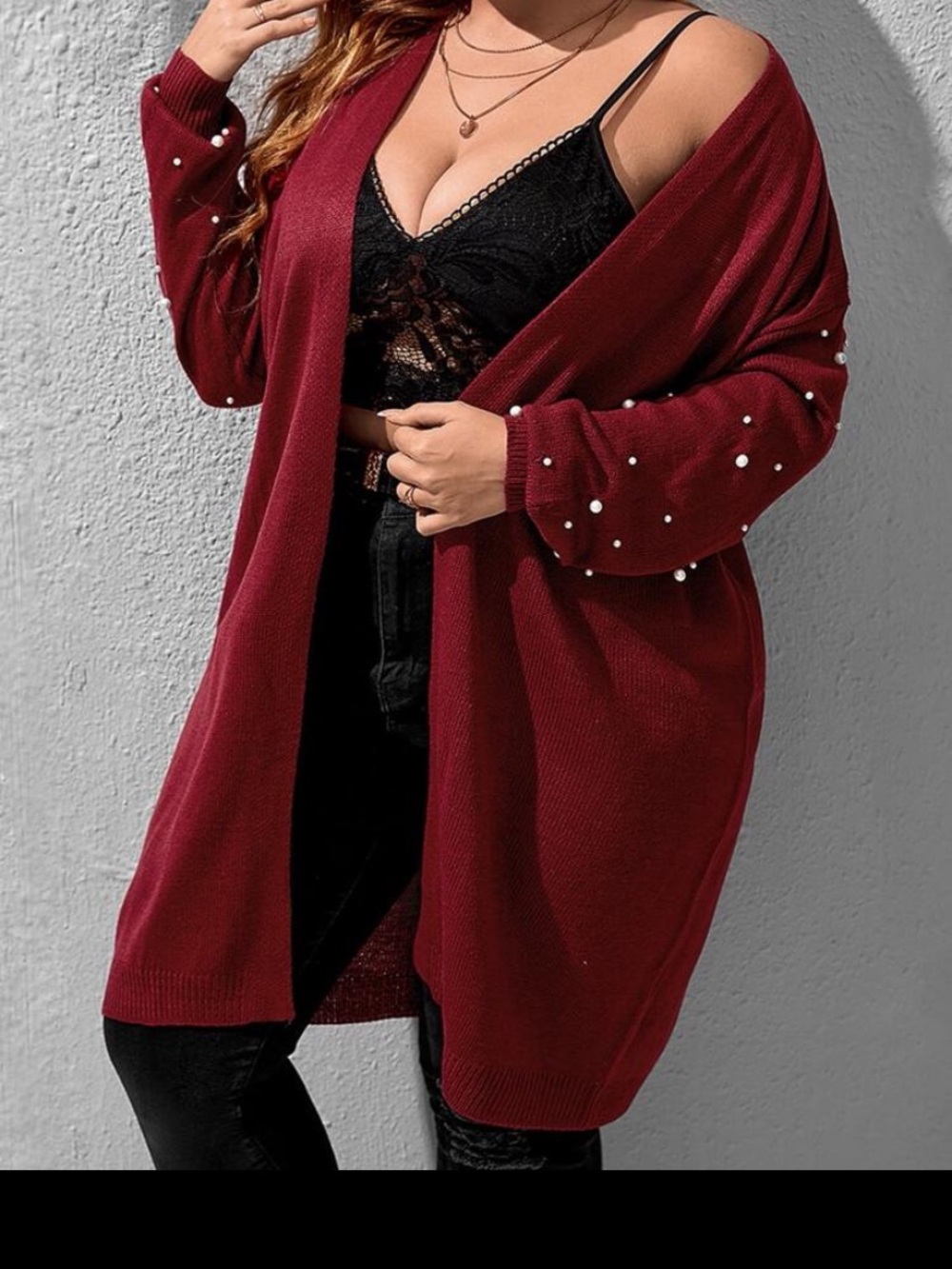 SHEIN Burgundy Pearl-Sleeve Open Front Cardigan